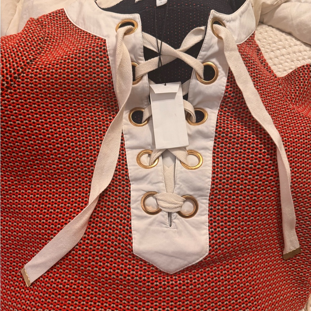 Veronica Beard Red and White Lace-Up Crop Top